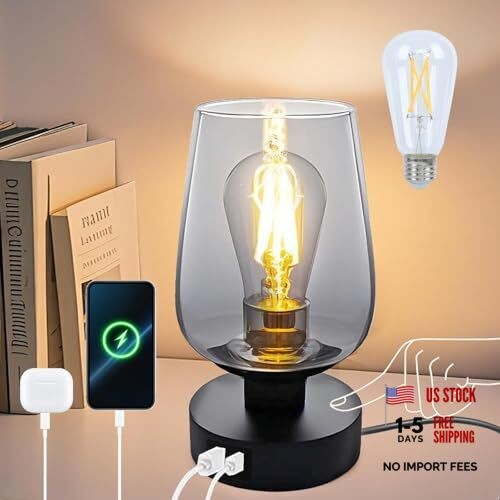 INVGOOD 3 Way Dimmable Touch Bedside Table Lamp Glass Small Desk Lamp Black
