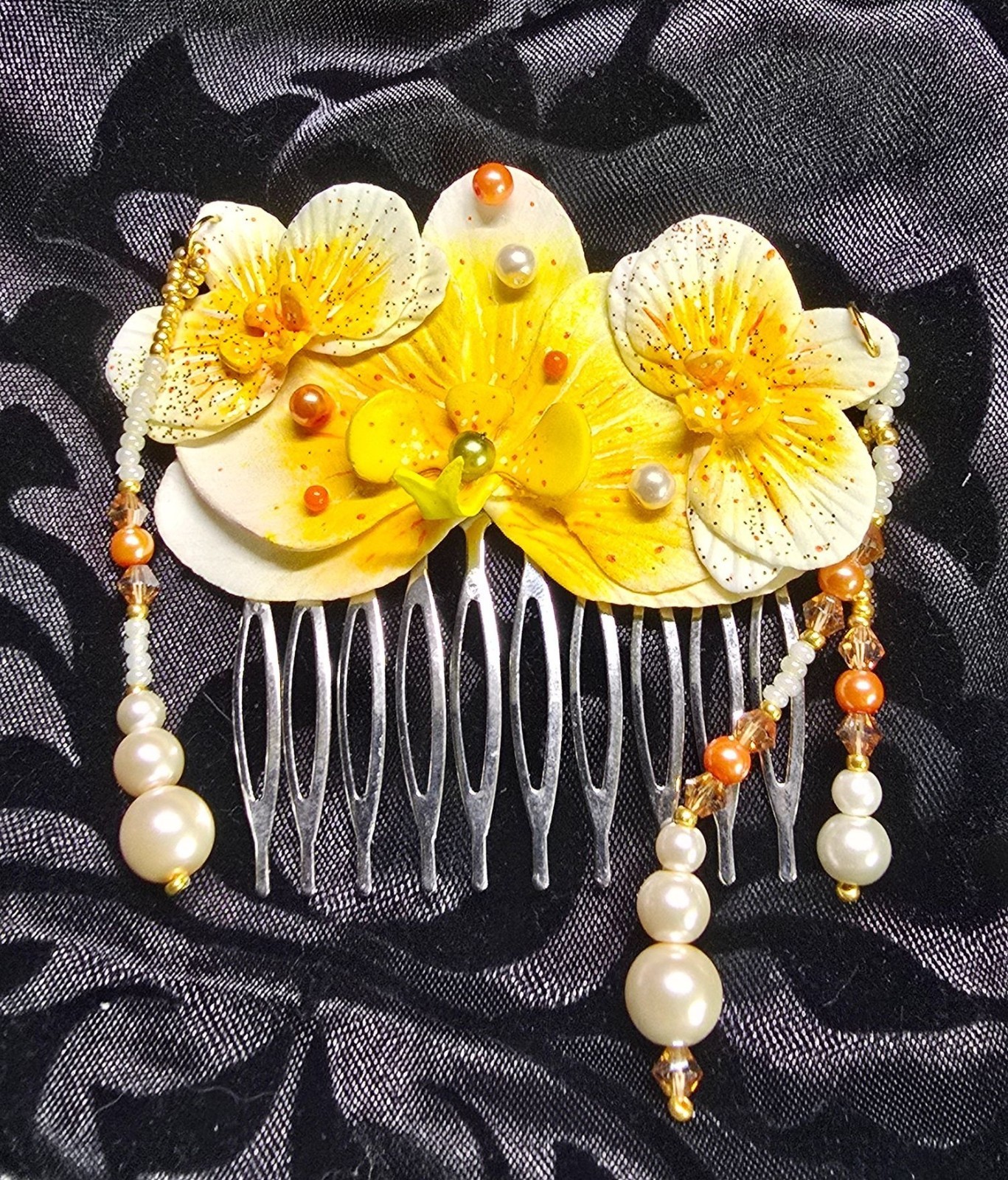 Crafted Glass Beaded Yellow White Asian Inspire Orchid Hair Comb Carnelian Style