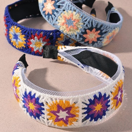 NEW Colorful Floral Crochet Knit Patchwork 70s Inspire Retro Style Hair Headband