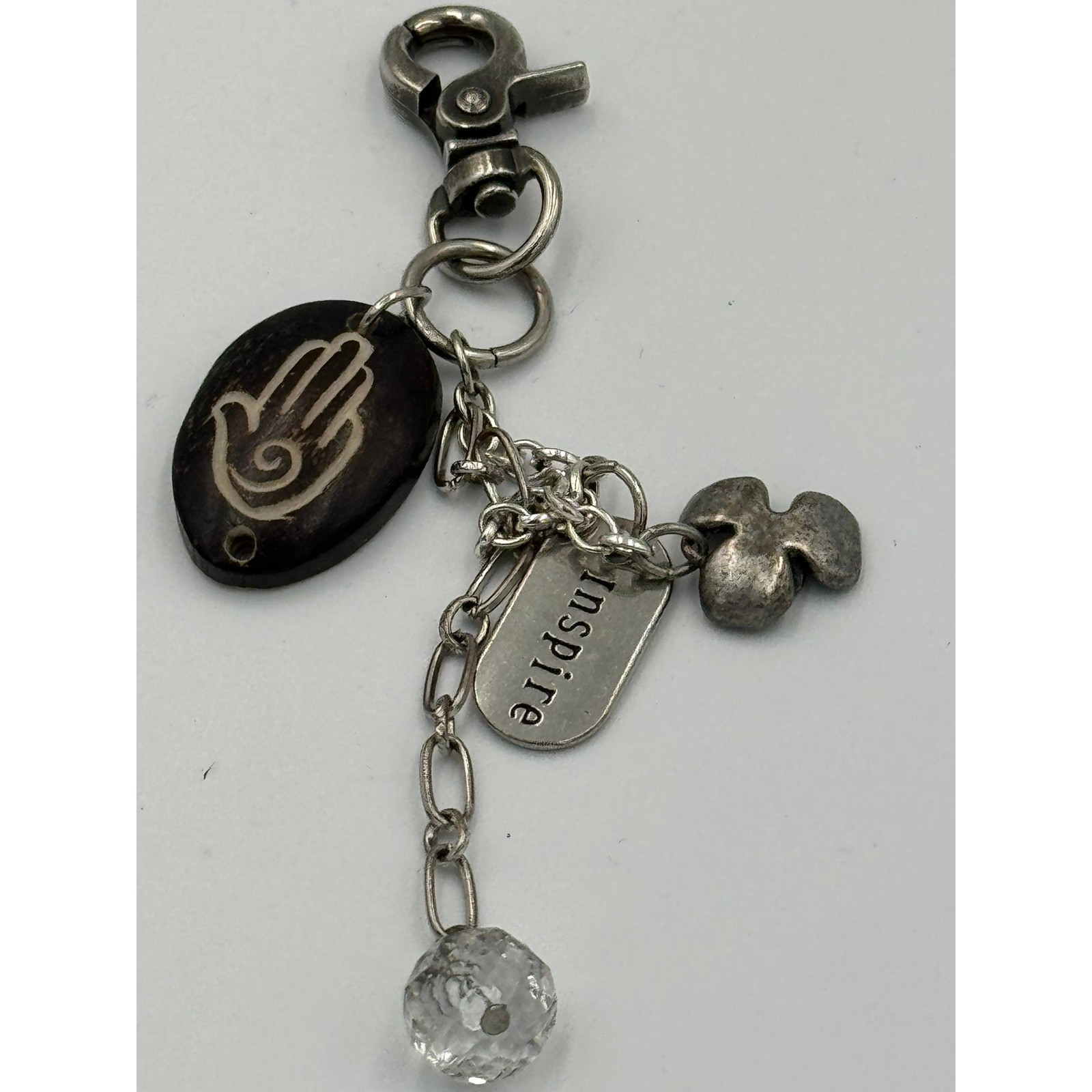 Boho Hamsa Hand Inspire Charm Keychain Silver Tone Wood Crystal Bag Accessory