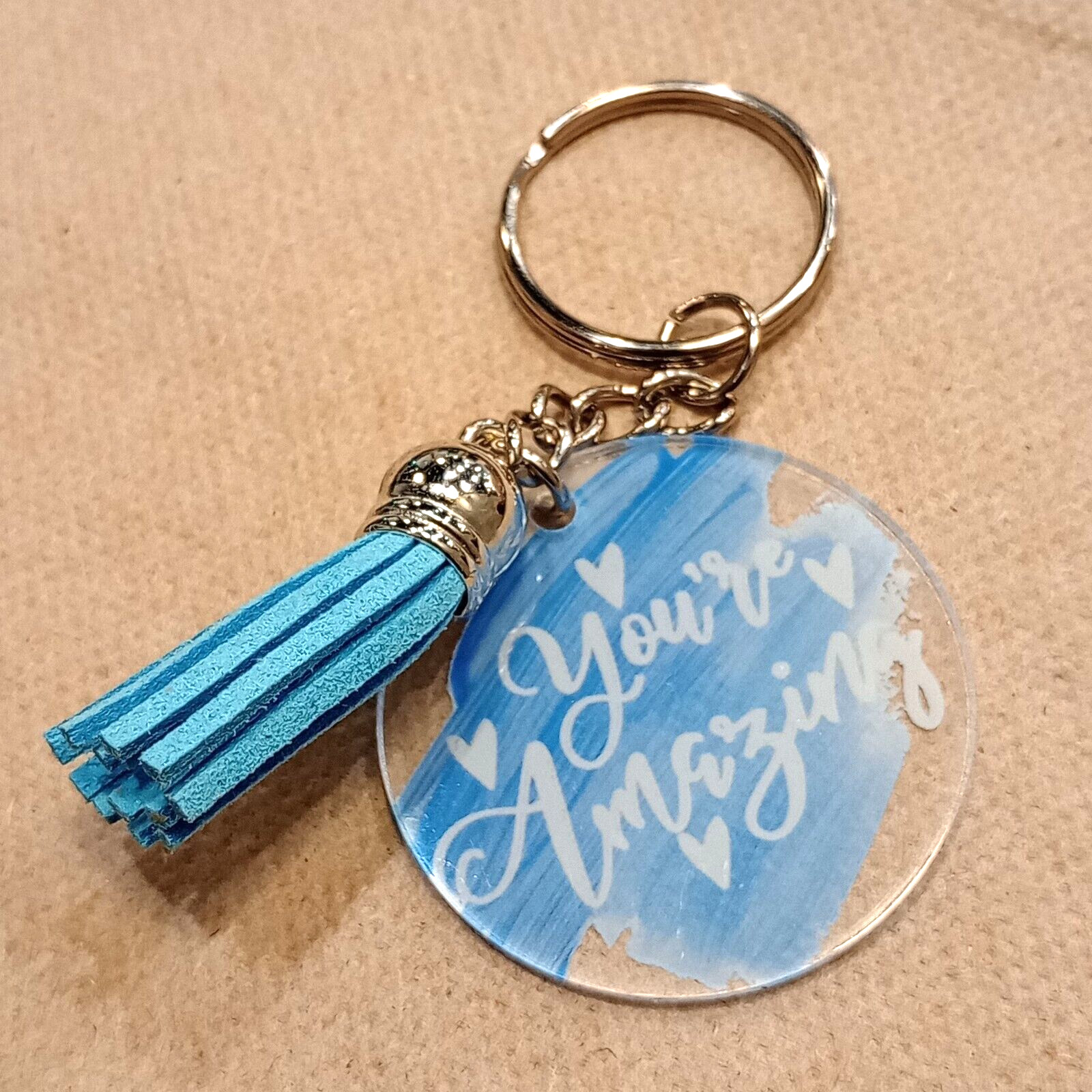 Boho Acrylic Inspirational You're Amazing Keychain Accessory Blue Tassel 3.5"