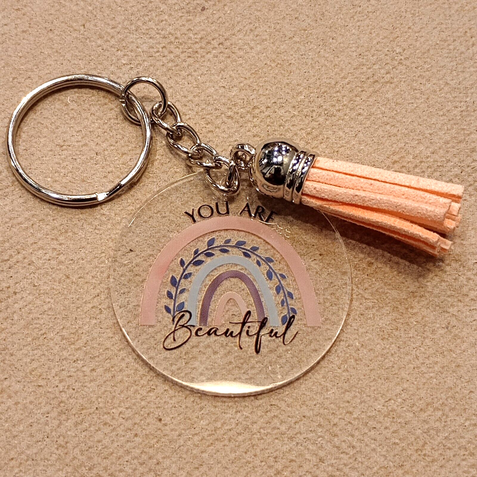 Boho Rainbow Acrylic Inspirational Affirmation You Are Beautiful Key Chain 3.5"