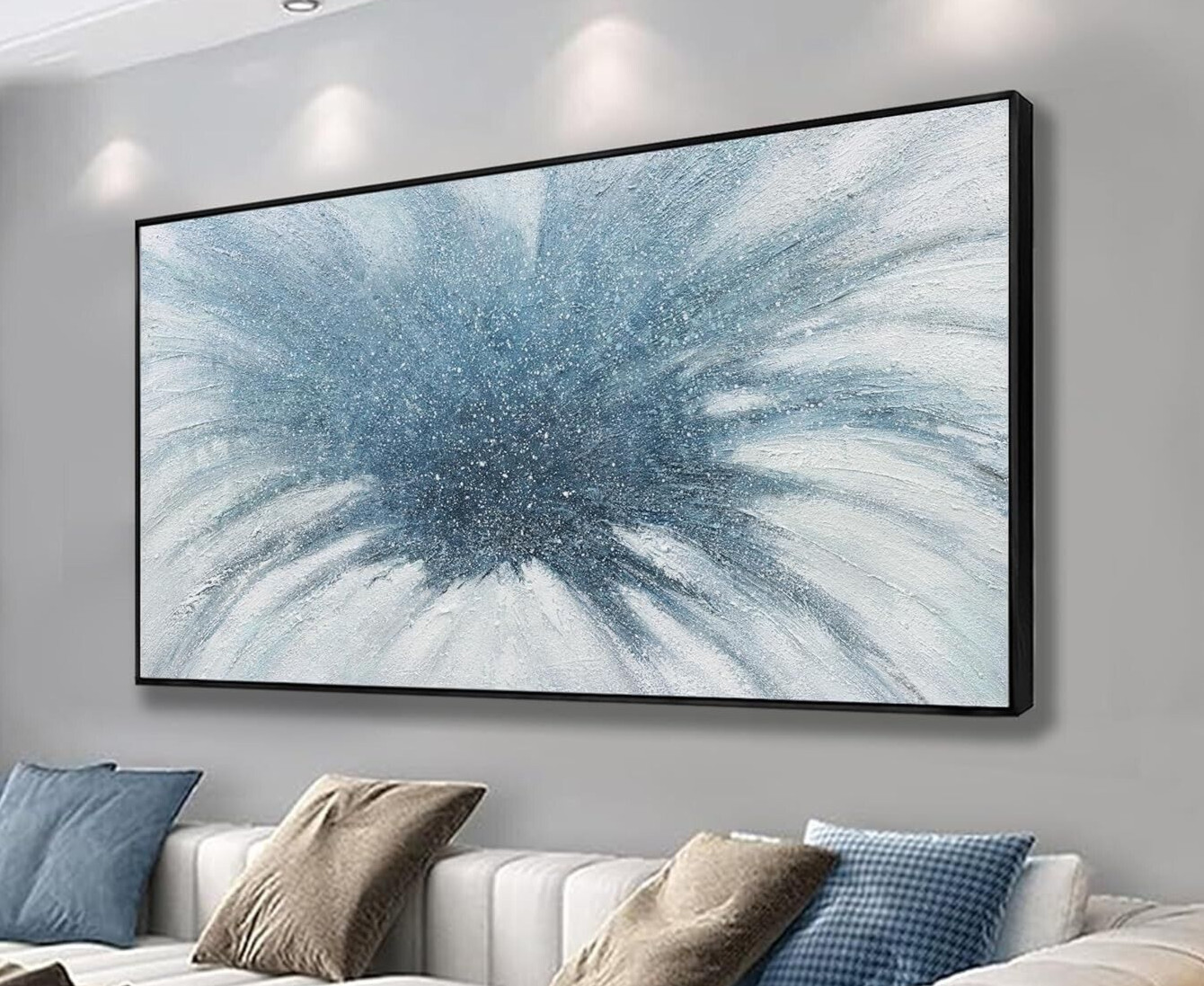 Blue & White Splash Abstract Wall Art, Framed Canvas Print 24x48 and 20x40