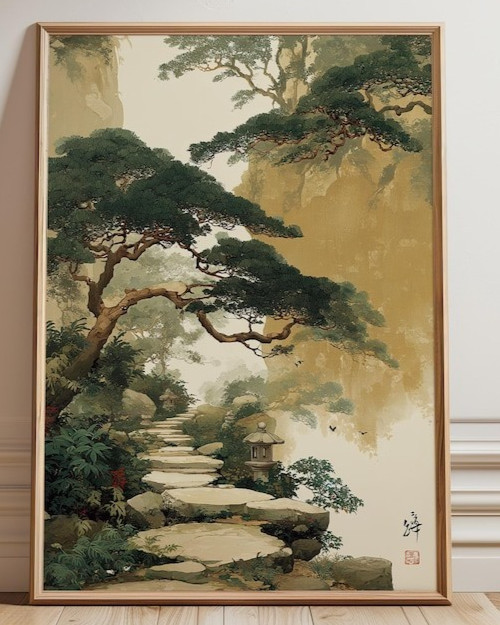 Japanese Garden Path Poster Green Beige Wall Art Forest Landscape Illustration