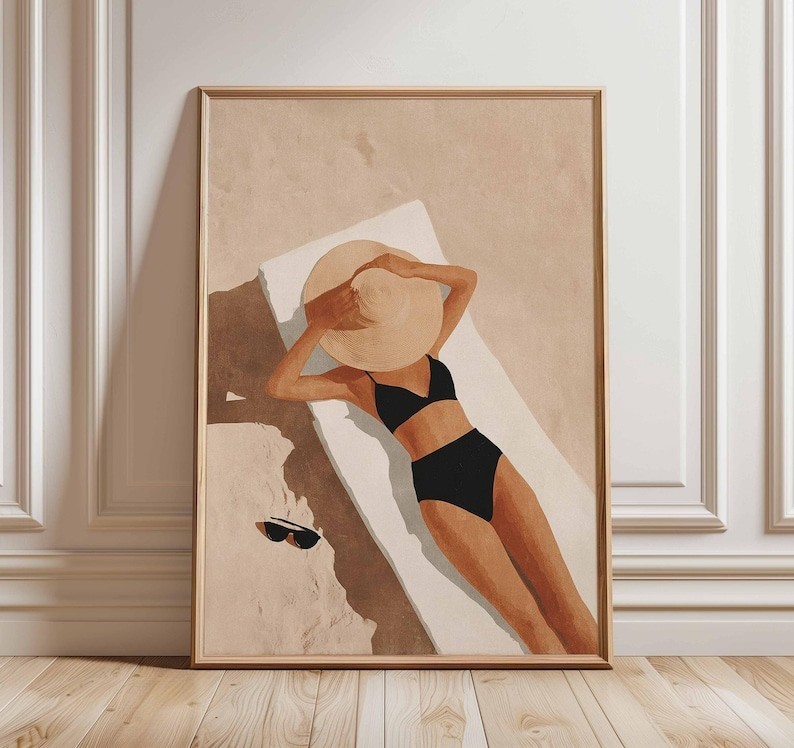 Woman Sunbathing Wall Art, Minimalist Summer Poster, Boho Beach Print