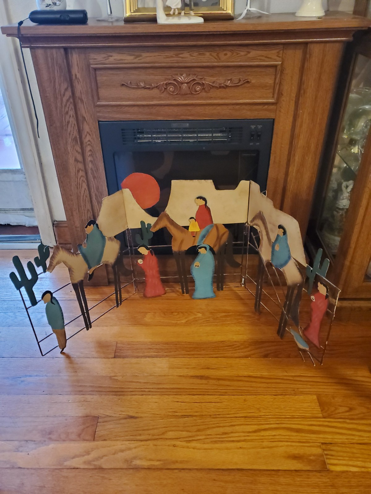 Western Scene Fireplace Screen Rustic Metal Wall Art with Desert Scene horses 