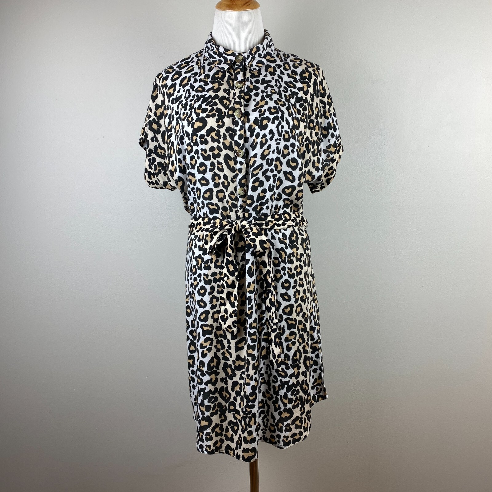 Style Envy Dress XL Leopard Animal Print Mini Beige Black Belted Buttons Casual