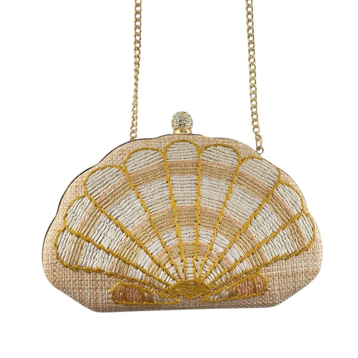 NEW Isaac Mizrahi New York Clutch Straw Shell Crossbody Bag Gold Nautical