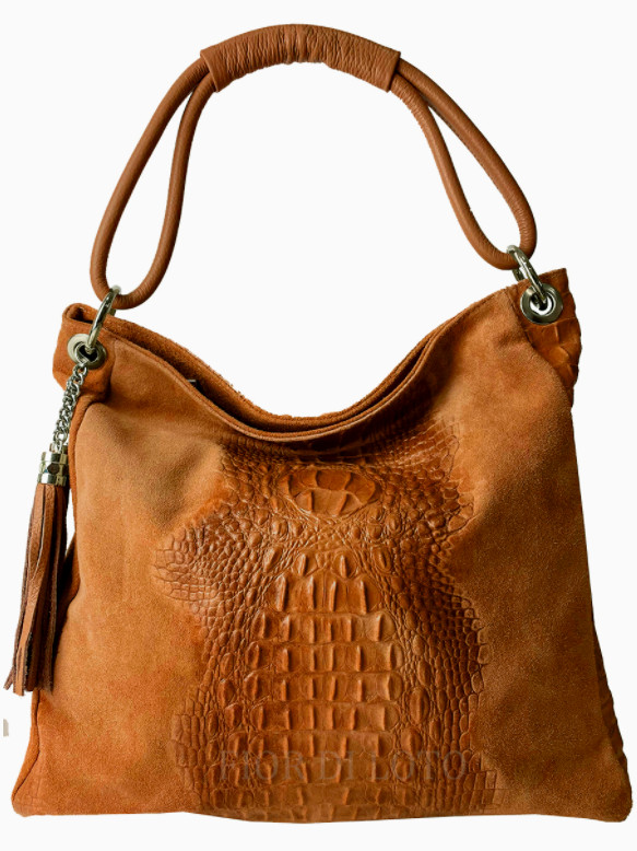 ITALIAN GENUINE LEATHER & SUEDE LARGE SHOULDER BAG; CROC EMBOSSED MADE IN ITALY