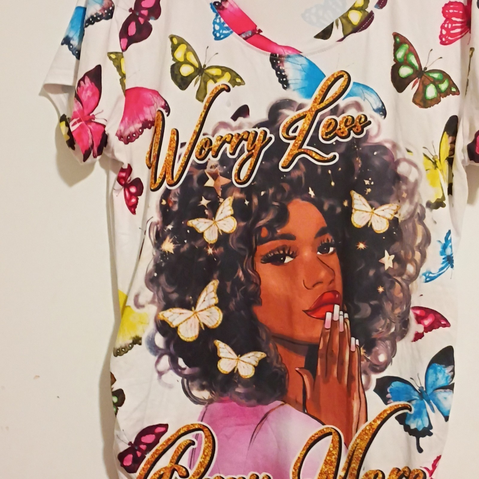 Fashion Of New York White Multicolor Butterfly Knit Ruched Sleeve Graphic Tee