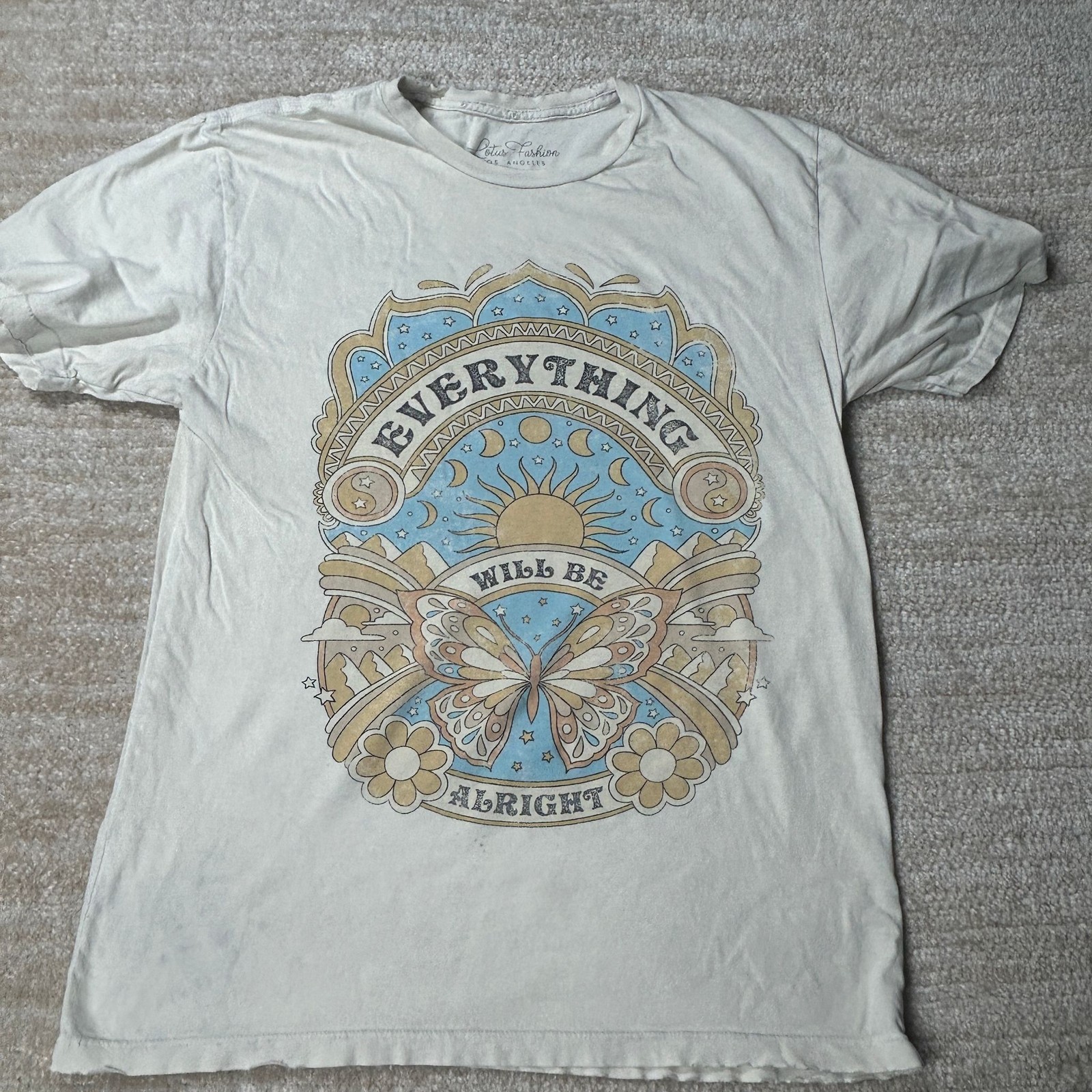 Lotus Fashion T-Shirt Womens M Butterfly Sun Graphic Will Be Alright Cream Tee