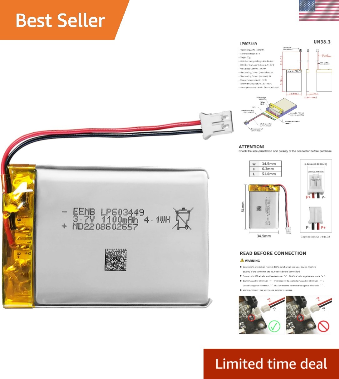 Versatile 3.7V Lipo Battery 1100mAh for Dashcameras, Speakers and Gadgets