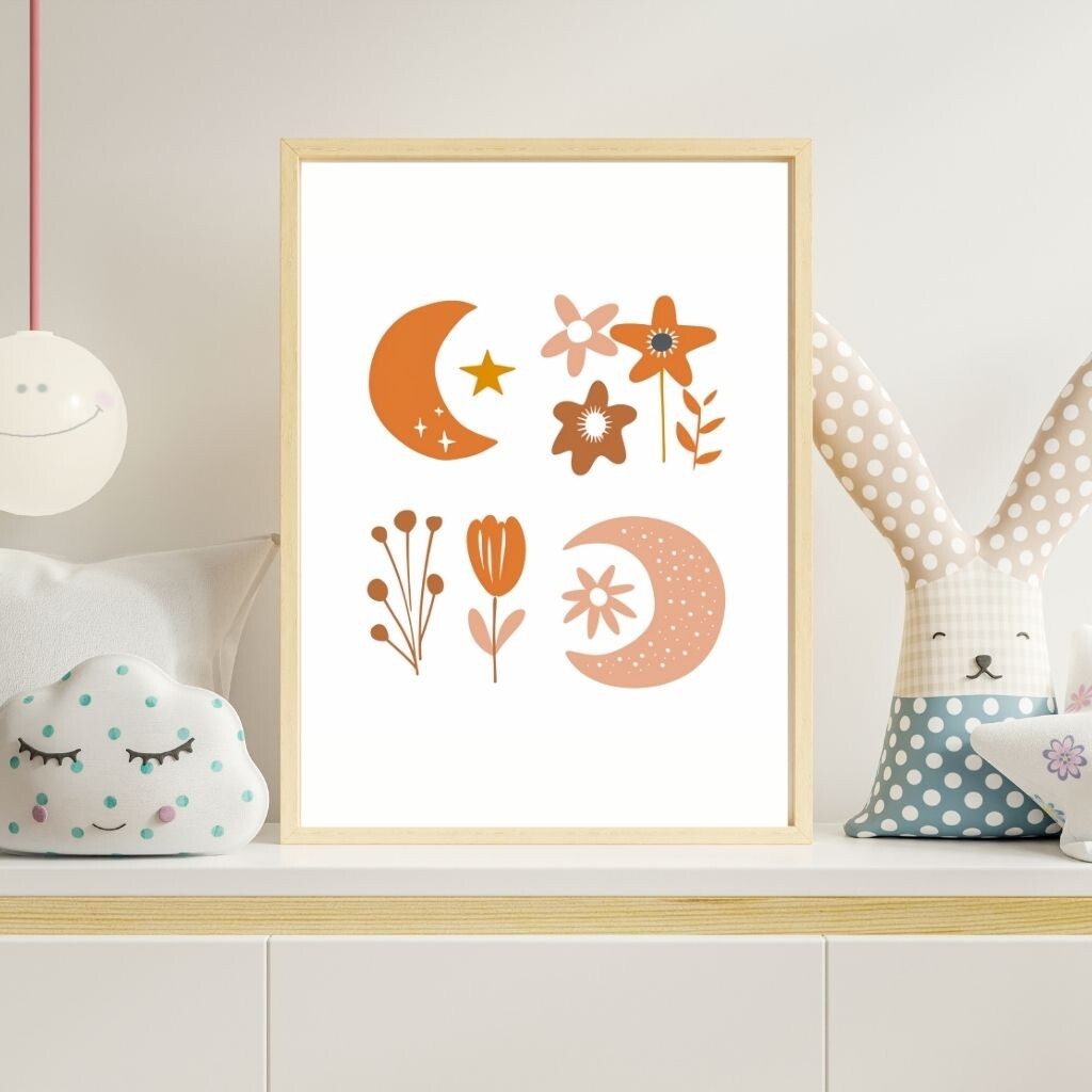 Digital Boho Moon & Flowers Nursery Wall Art-Printable Kids Room Decor