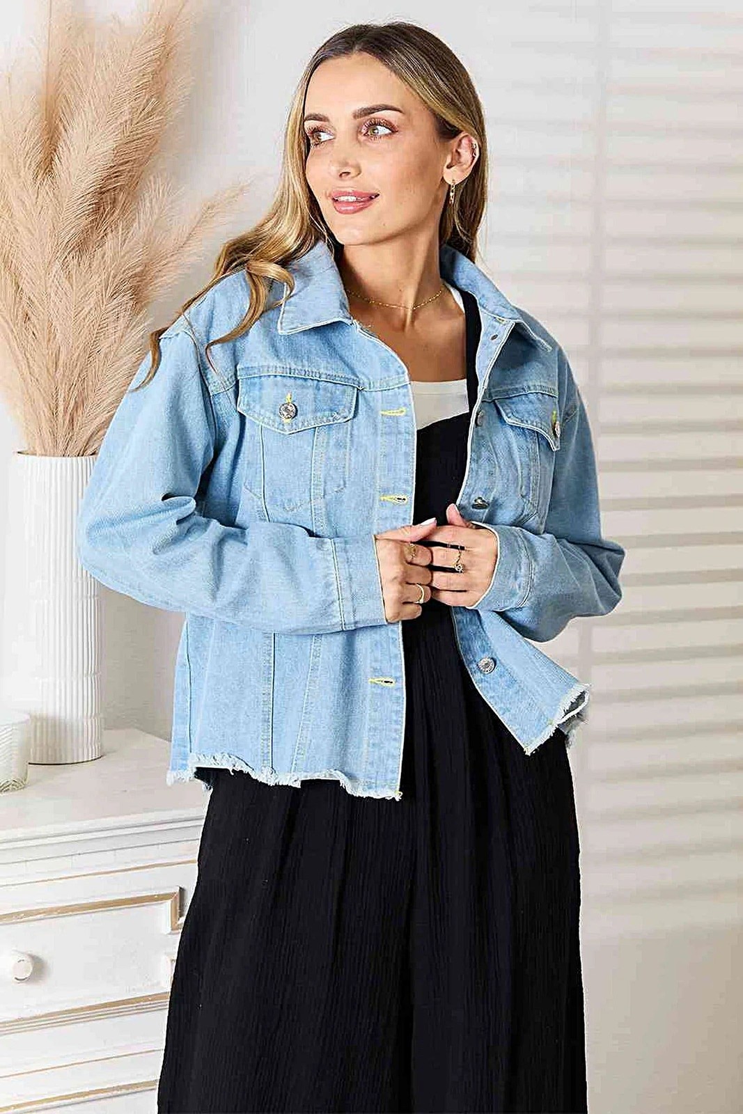 Fashionable Dropped Shoulder Denim Jacket with Raw Hem - Edgy Casual Layering Pi