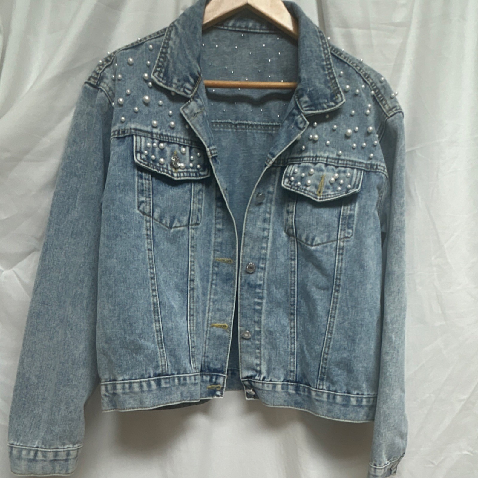 Women's Denim Jacket Pearl Beaded Short Outwear Blue Size