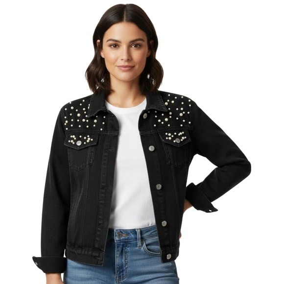 Women Denim Jean Jacket with Pearls Stylish Comfortable Outerwear small classic