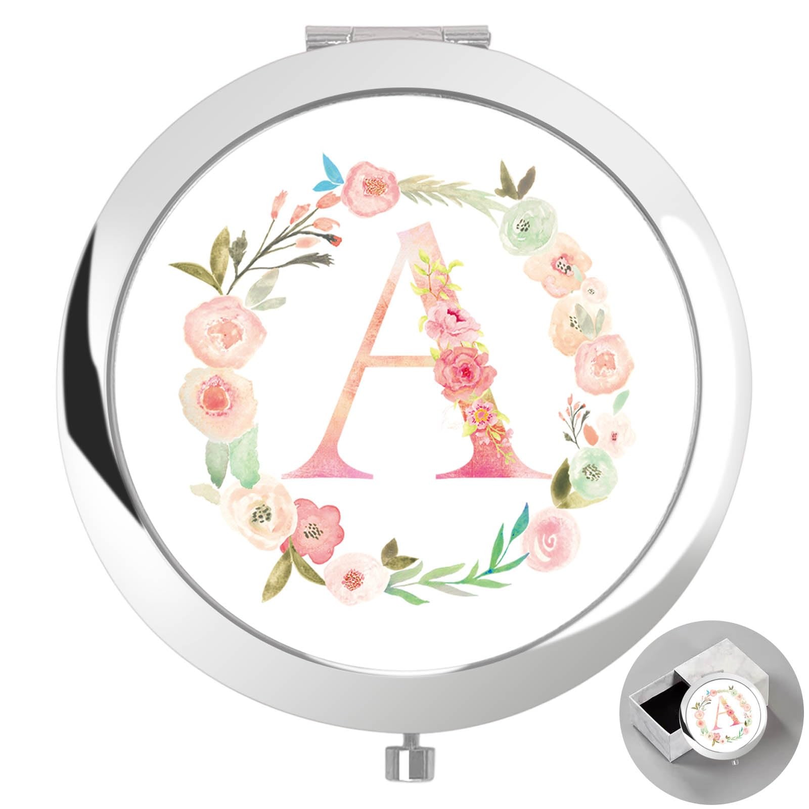 boutikpro Personalized Gift Initial Compact Mirror w 2.8"L x 2.8"W, Silver 
