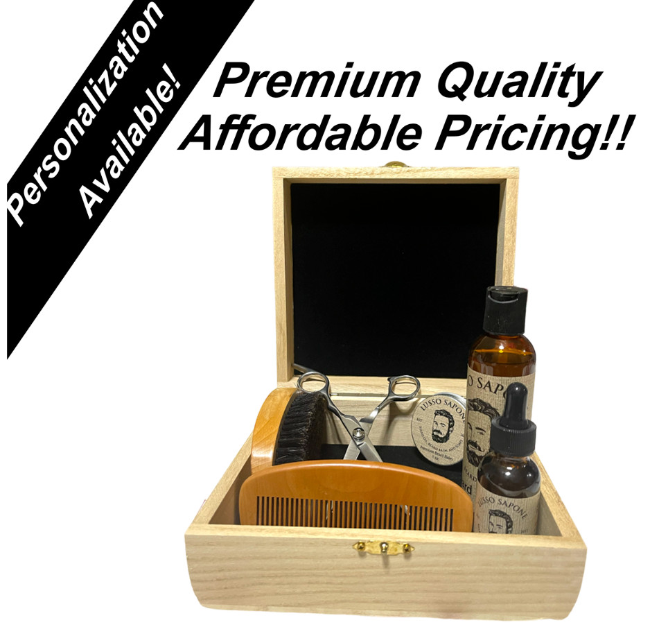 Personalized Gift Box Grooming Kit- Beard Oil, Balm, Wash, Comb, Brush, Scissors