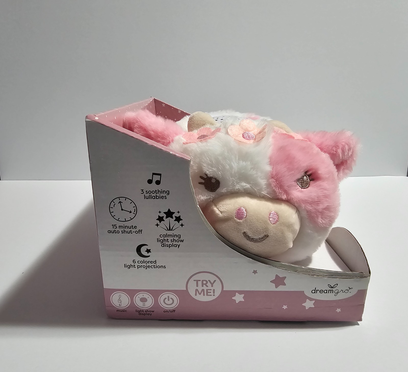 Dreamgro Plush Pink + White Cow Night Light Soother Plays Lullabies Baby Sleep