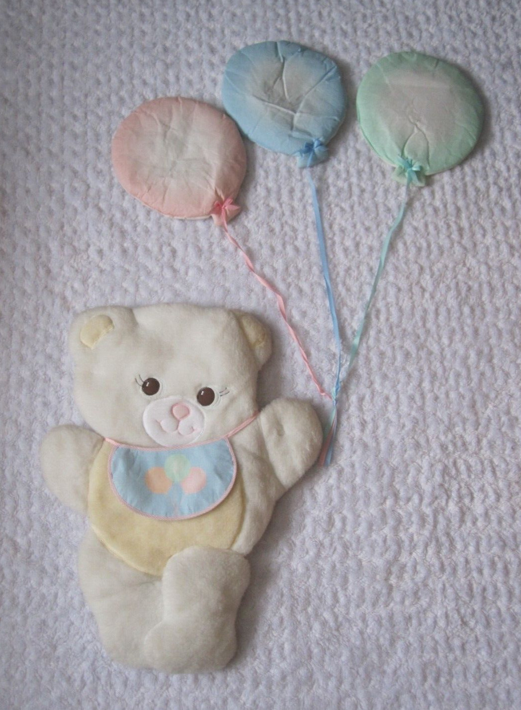 Vtg Cloth Bear w Balloons Pastel Nursery Padded Wall Hanging Art Soft Plush Baby