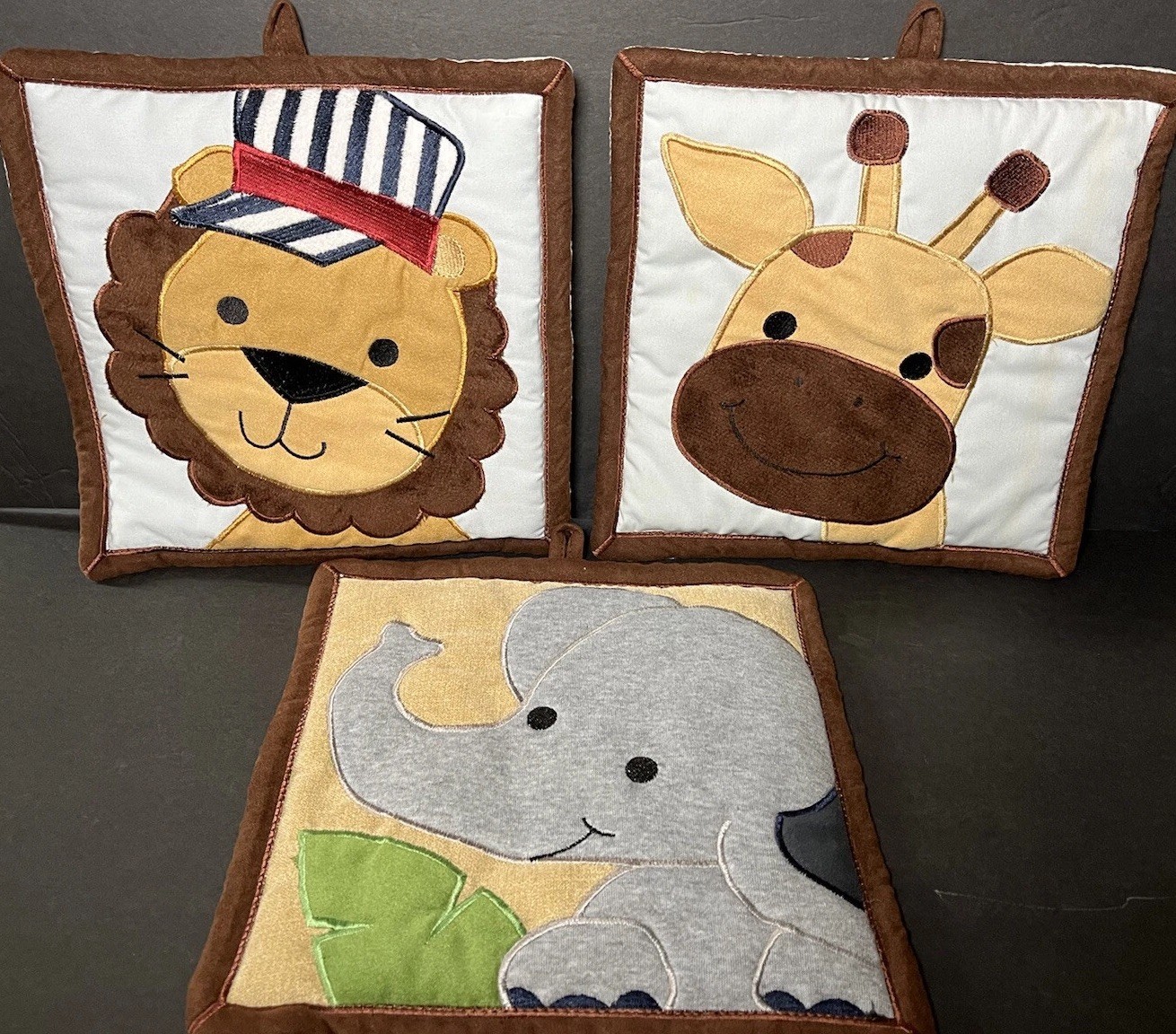 Lambs & Ivy Quilted Soft Plush Hanging Nursery Wall Decor Safari Animals 3pc 10”