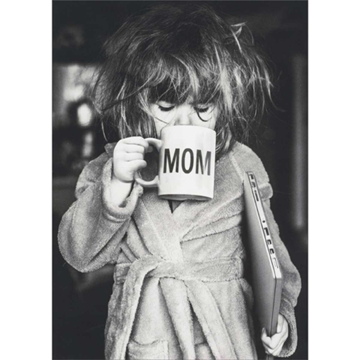 Disheveled Little Girl Drinking from Coffee Mug Funny Mother's Day Card