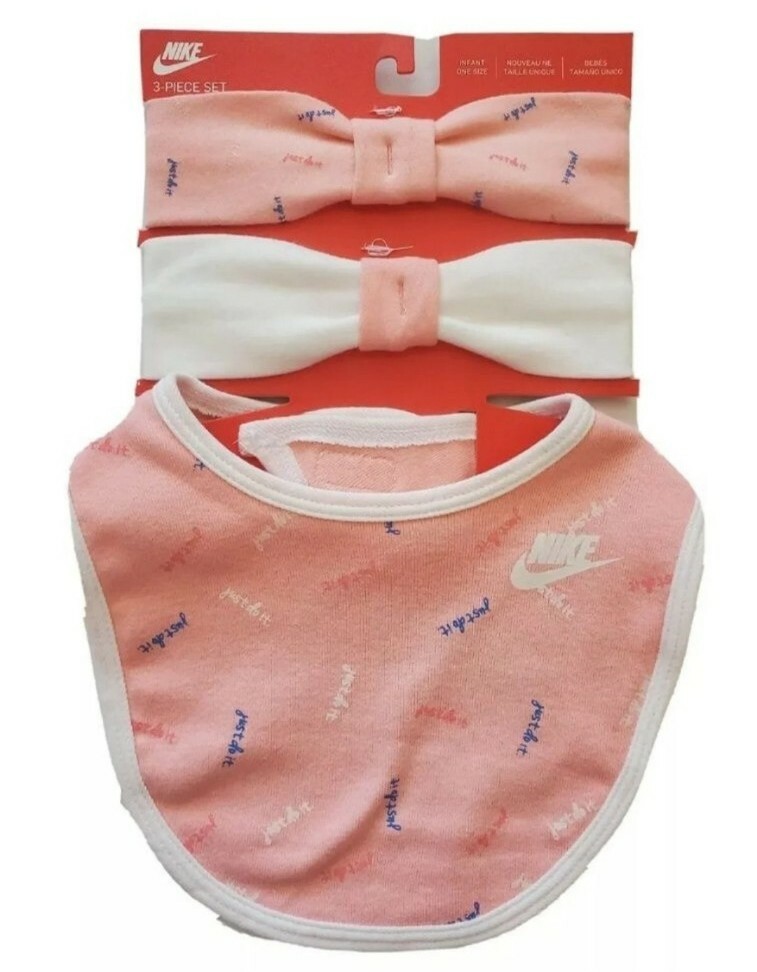 3 Piece Nike Baby Girls Bib & Headbands, Pink, Shower Gift Set, B17 MA