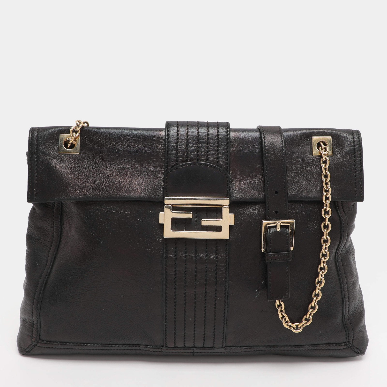 Fendi Black Leather Maxi Baguette Flap Shoulder Bag