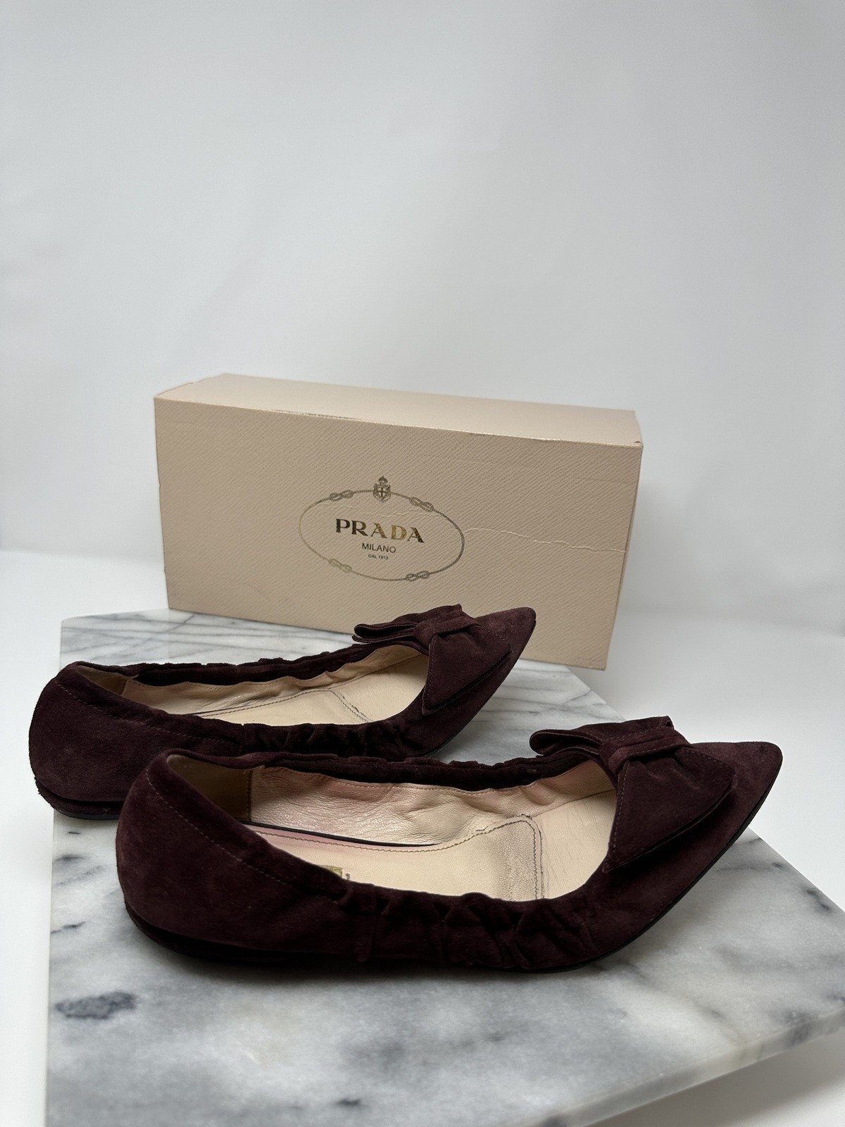 Vtg LUXURY PRADA Calzature Donna SCAMOSCIATO SZ 38 PRUGNA SHOES BOX BAG