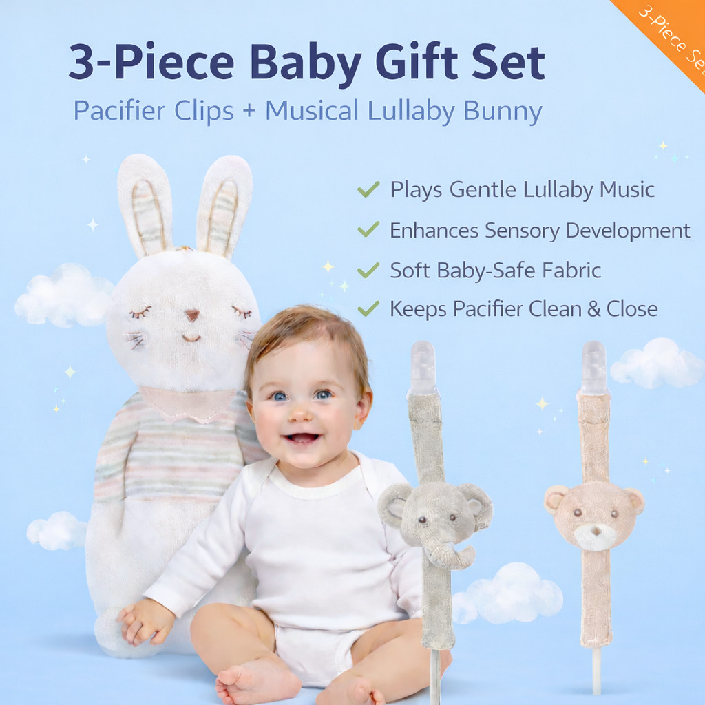 Baby Pacifier Clip 2 Pack Elephant & Bear + Musical Lullaby Bunny Toy Gift Set