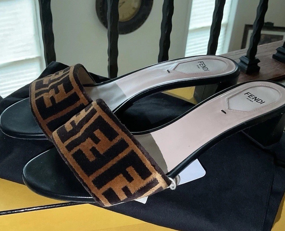 Fendi FF Brown Zucca Velvet Slide Sandals W/ Dust Bags And Box Size 40