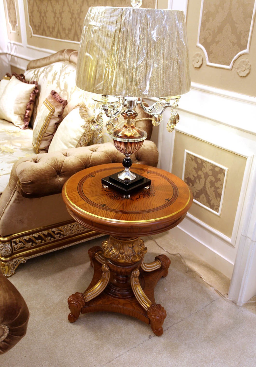 Luxury Solid Wood Pedestal End Table – Classic European Brown Finish