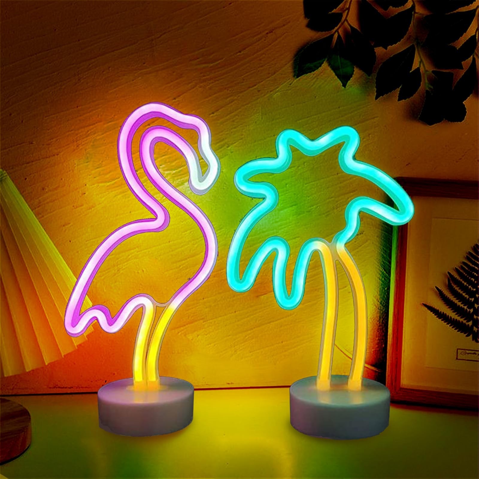 UrsaMajor 2 Pack Neon Signs, Pink Flamingo & Neon Palm Tree, USB/Battery Powe...
