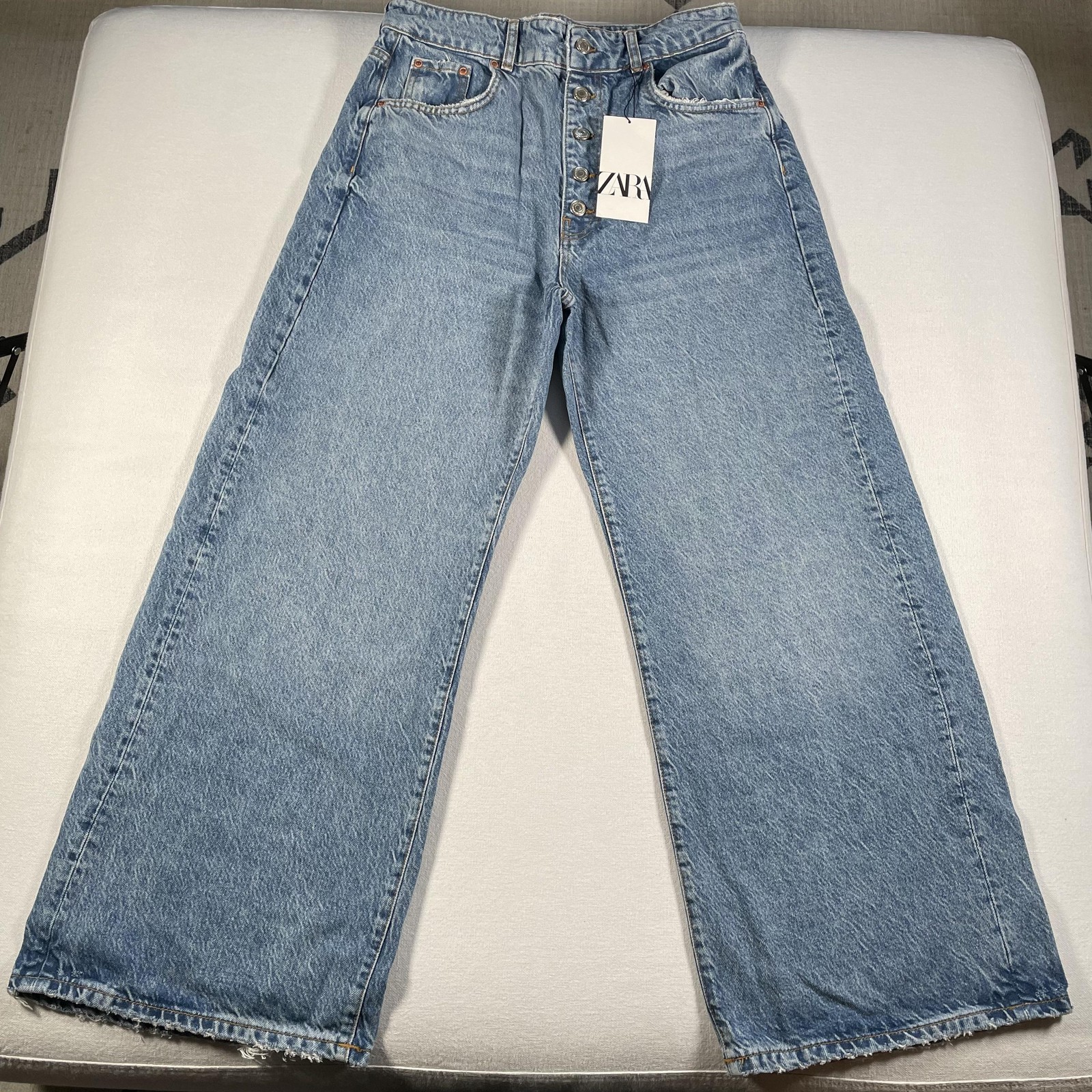 Zara Premium Jeans Womens 10 High Rise Wide Leg Button Fly Sentinel Blue Denim