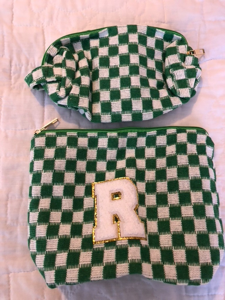 Initial "R" Checkered Cosmetic Bag ，Personalized Gift for Women