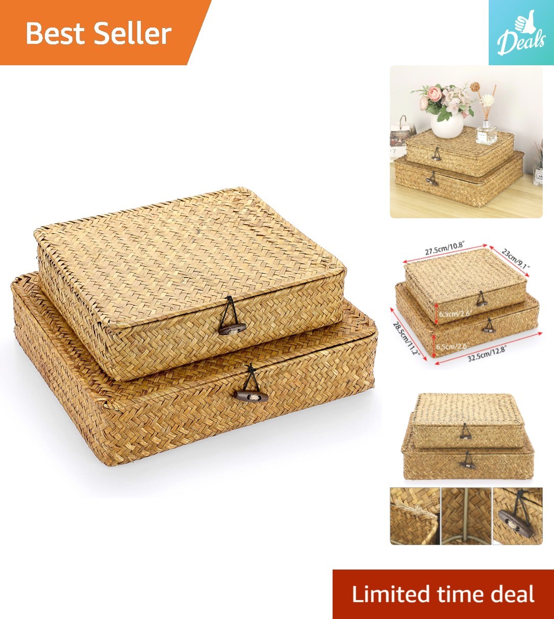 Cozy Up Your Space: Set of 2 Flat Woven Seagrass Baskets with Lid in Caramel