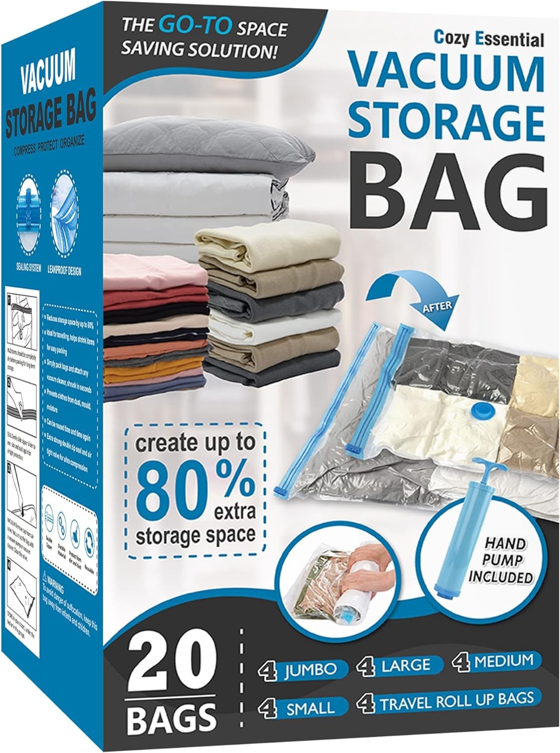 Cozy Essential 20 Pack Vacuum Storage Bags - Home Space Saver Compression Bag NW
