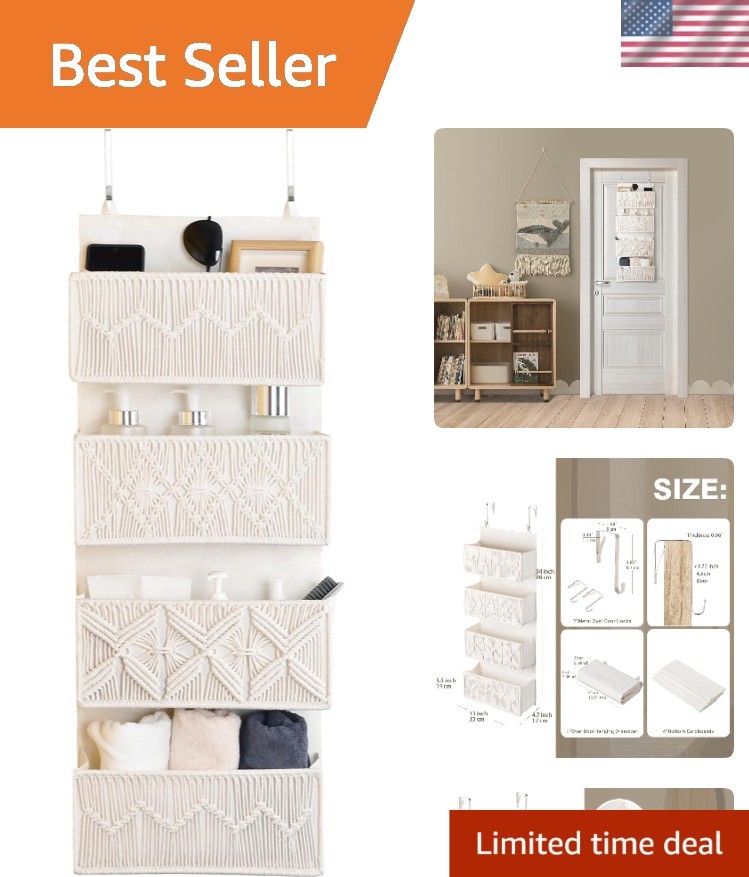 Versatile Macrame Over Door Storage with 4 Compartments - Perfect for Cozy Homes