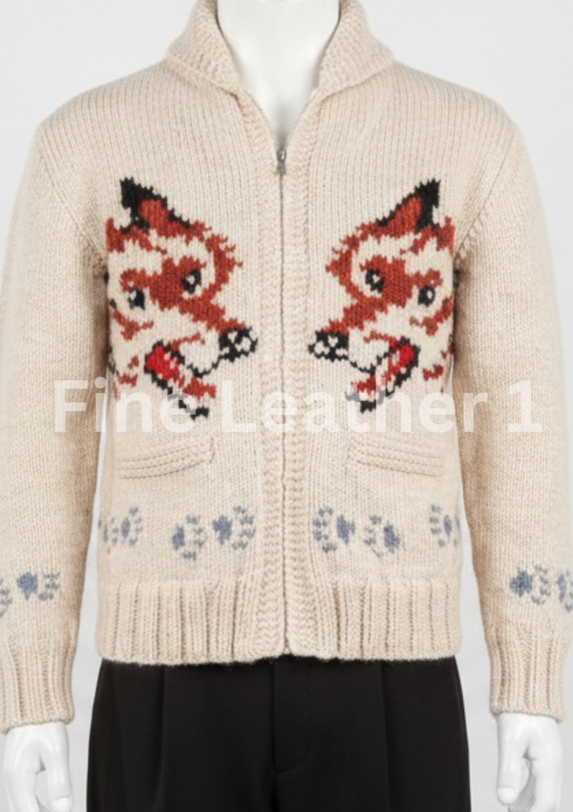 Wolf Knit Cardigan Sweater Mary Maxim Inspired Nordic Canadian Zip-Up Jacket