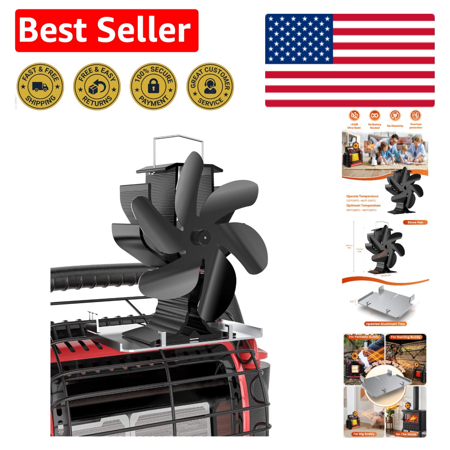 Efficient 4-Blade Heat Powered Heater Fan for Cozy Indoor & Outdoor Spaces