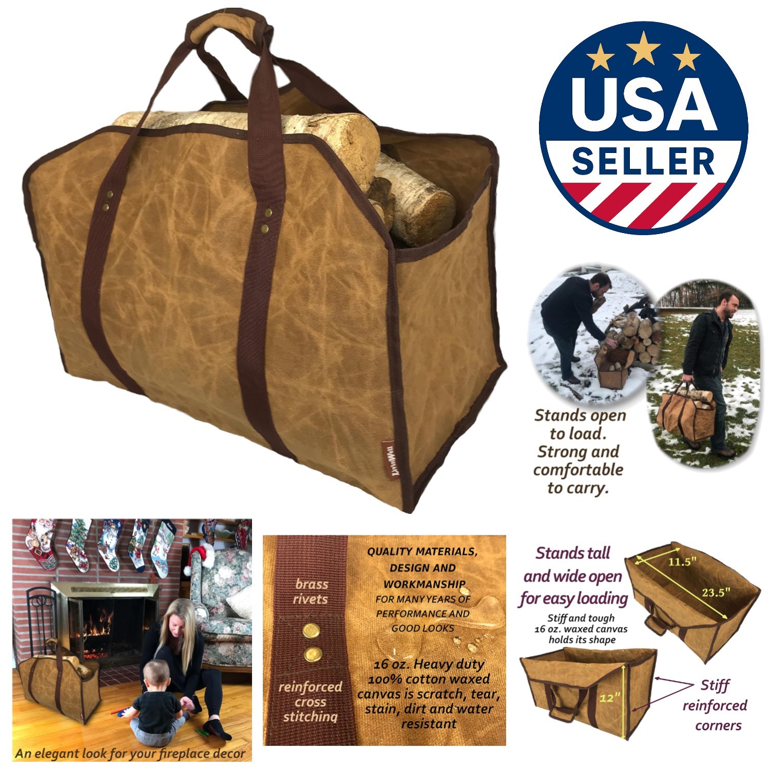 Heavy Duty Firewood Tote with Aged Patina Finish - Comes with Optional Rack