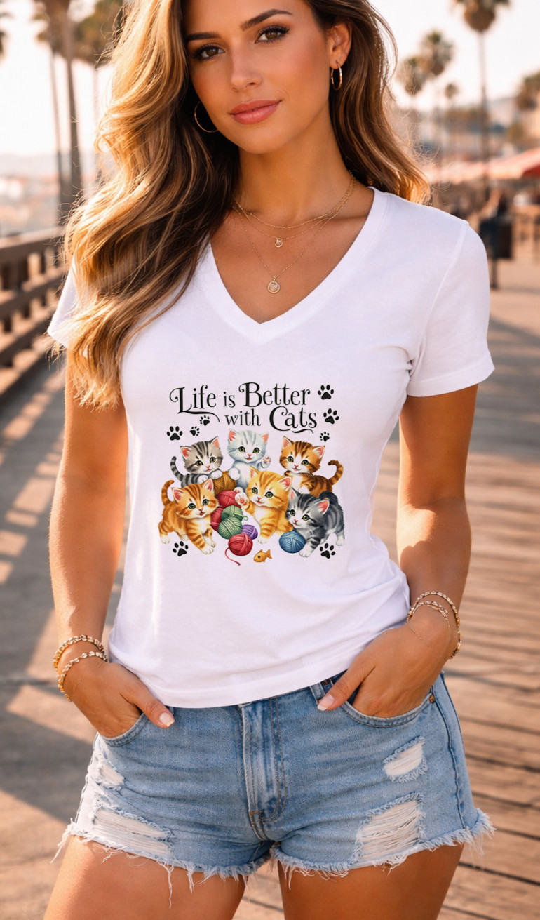 Women’s funny  Graphic V-Neck T-Shirt life is cats    Tee Casual Trendy Fashion