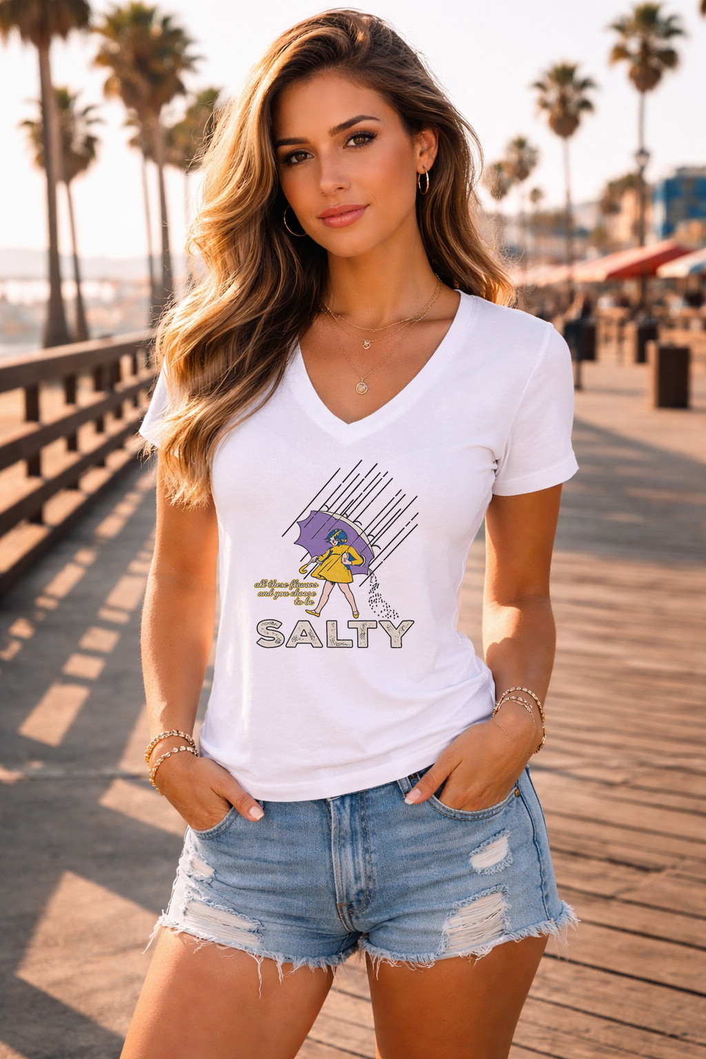 Women’s funny quote  Graphic V-Neck T-Shirt Salty    Tee Casual Trendy Fashion