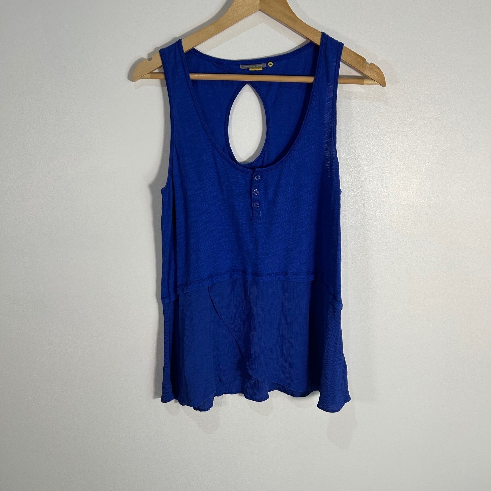 Anthropologie Little Yellow Button Tank Top Blue Sz M Henley Style, Trendy Basic
