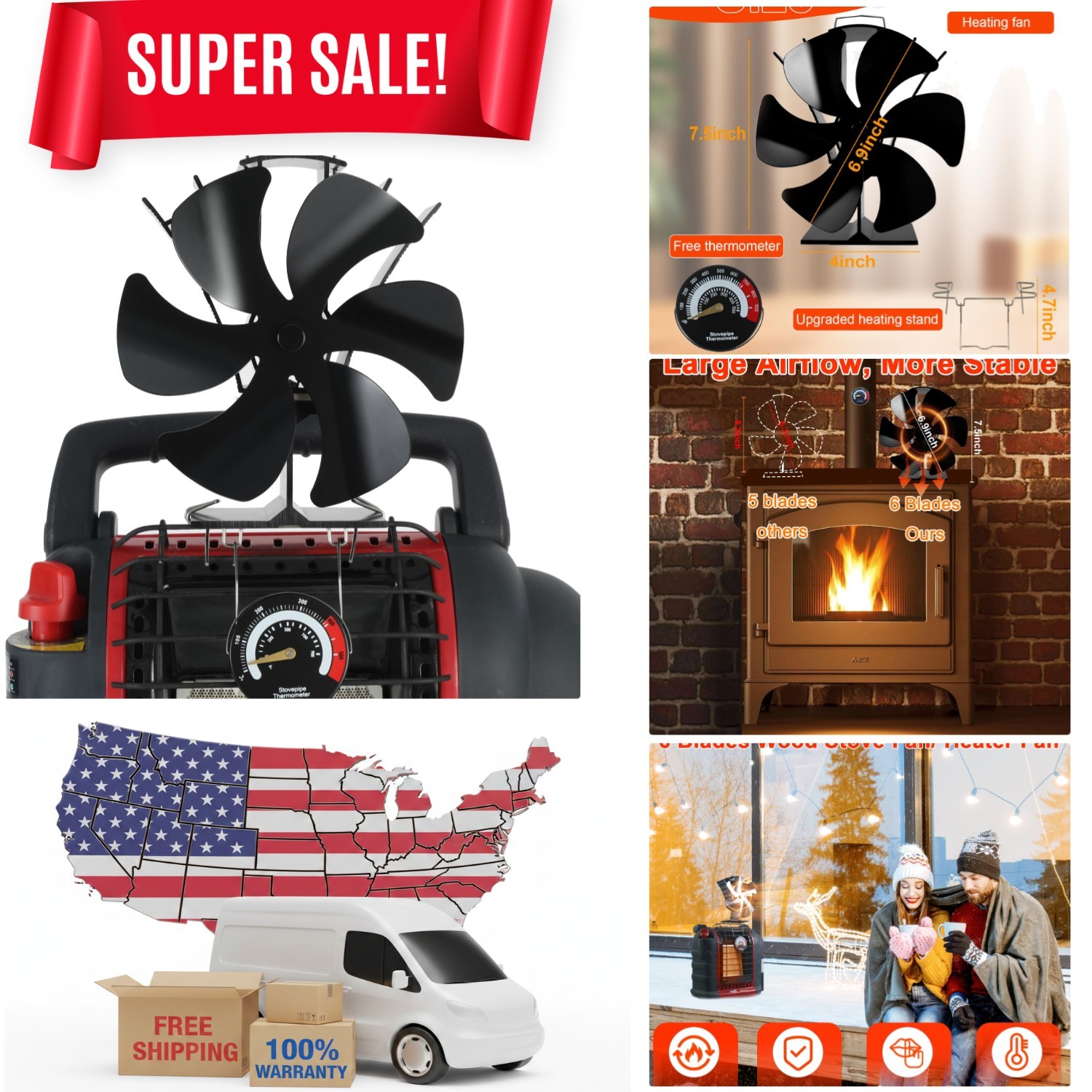 Versatile 6-Blade Stove Fan with Hook - For Fireplaces, Outdoor Heaters & More