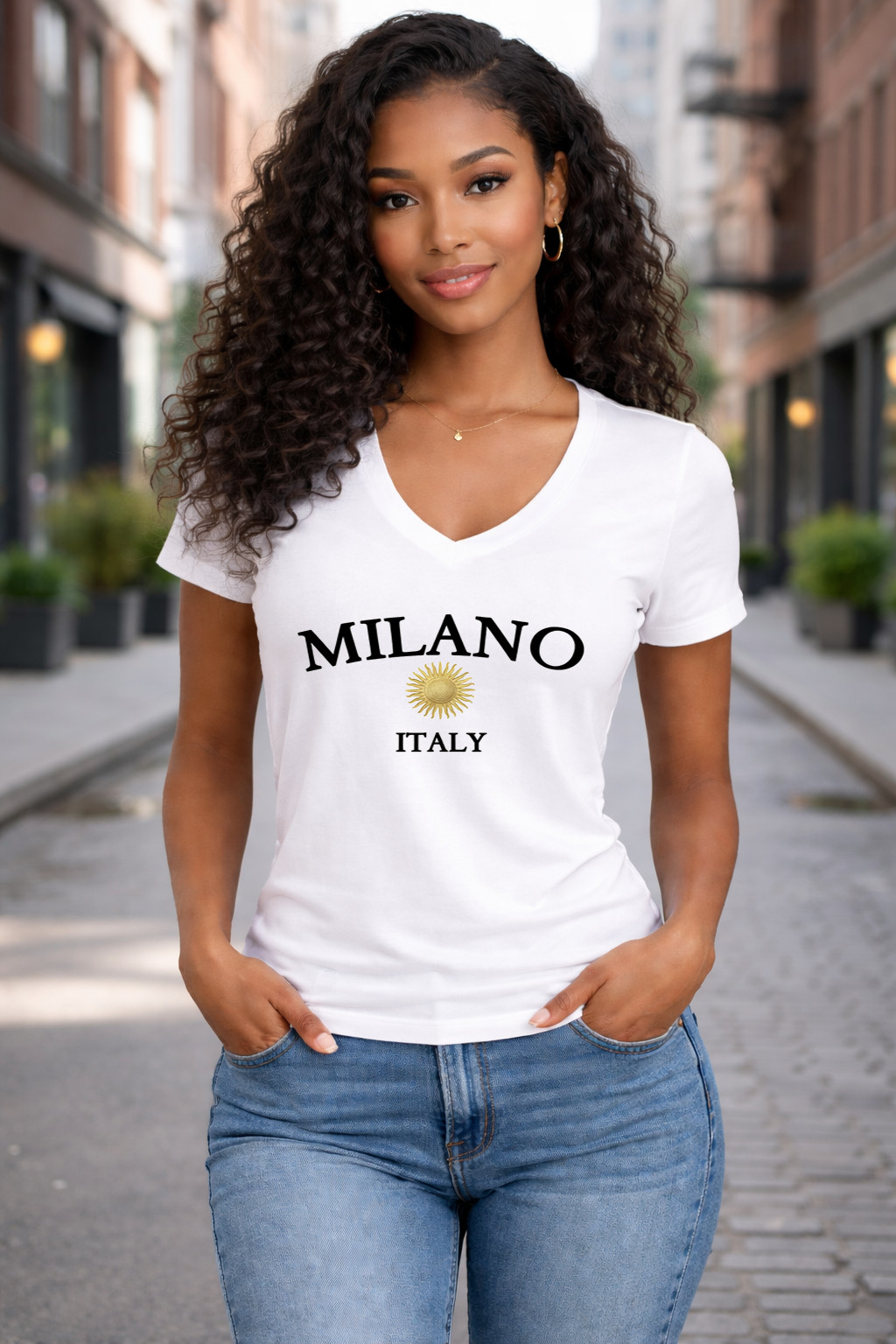 Women’s sexy  Graphic V-Neck T-Shirt Milano Italy  Tee Casual Trendy Fashion