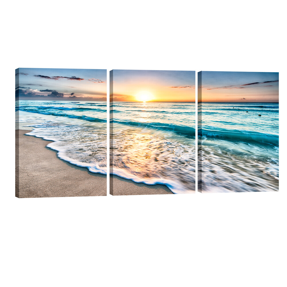 3 Panels Blue Beach Sunrise White Wave Pictures Painting on Canvas Wall Art