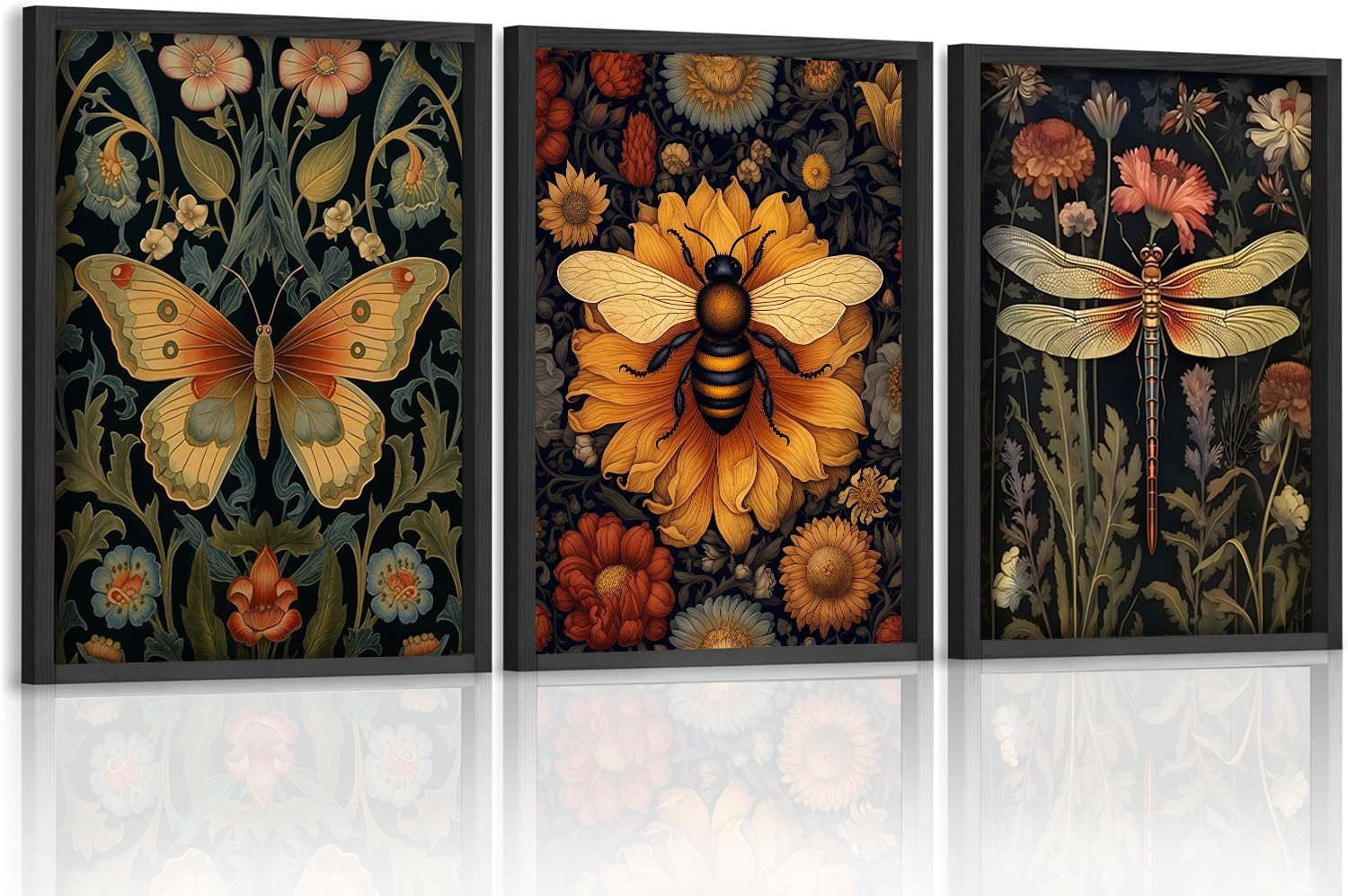 3 PCS William Morris Canvas Wall Art for Home Decor Bee Dragonfly Butterfly P...