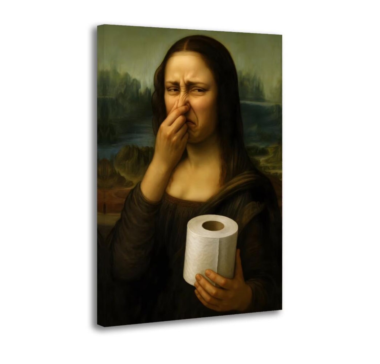 Funny Mona Lisa Bathroom Canvas Wall Art Nose Pinch Parody Poster