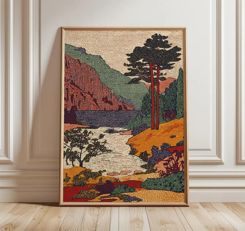 Vintage Landscape Wall Art Print Retro Mountain River Warm Tone Decor